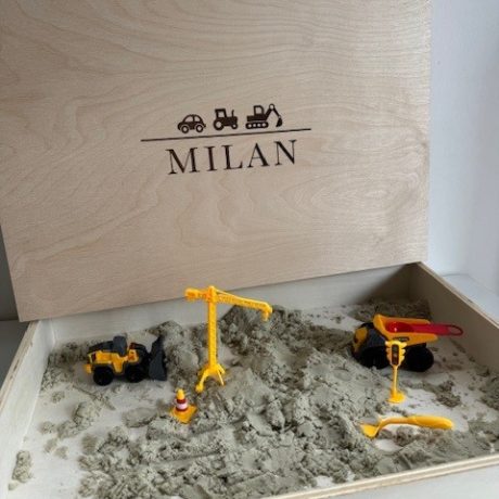 Houten speelbak met naam thema voertuigen